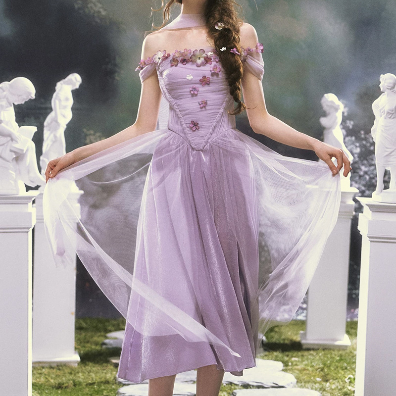 Lacema Purple Iris French Romantic Dress One-Shoulder Mesh Dress Purple Fairy Long Dress Summer