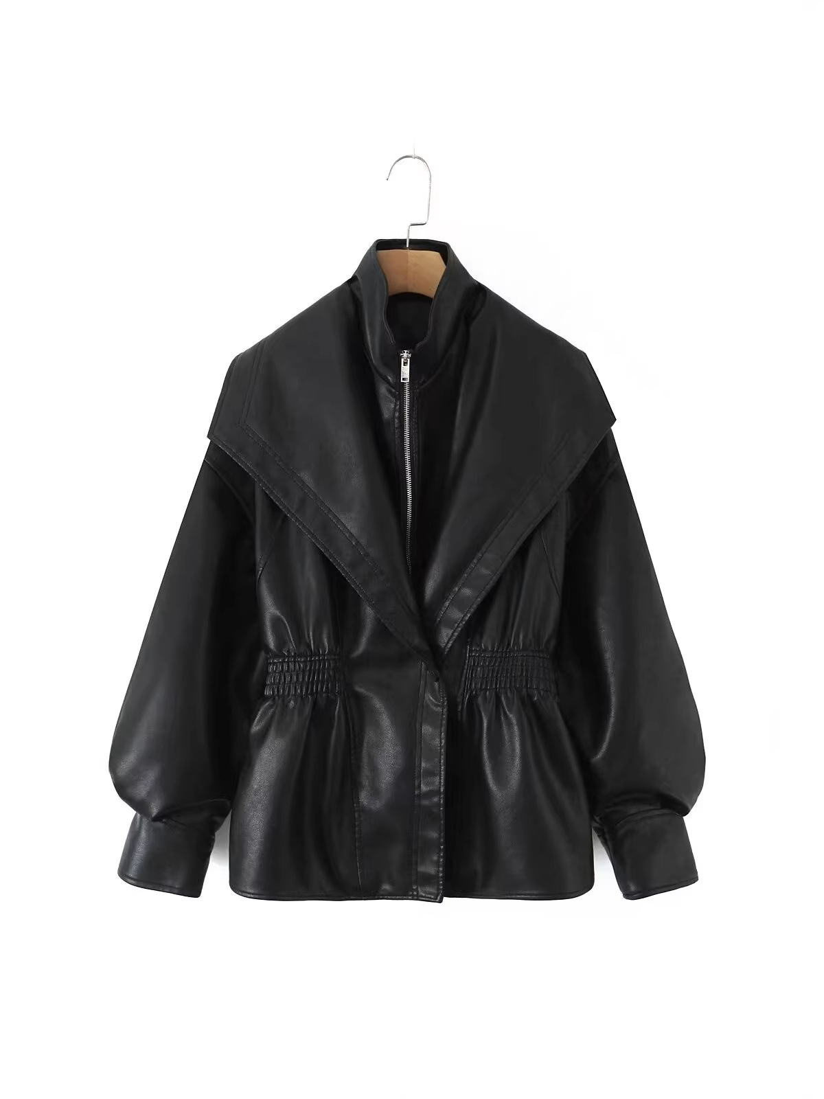 Qadın dəri jaket, elastik bel, iki yaxalı, slim fit