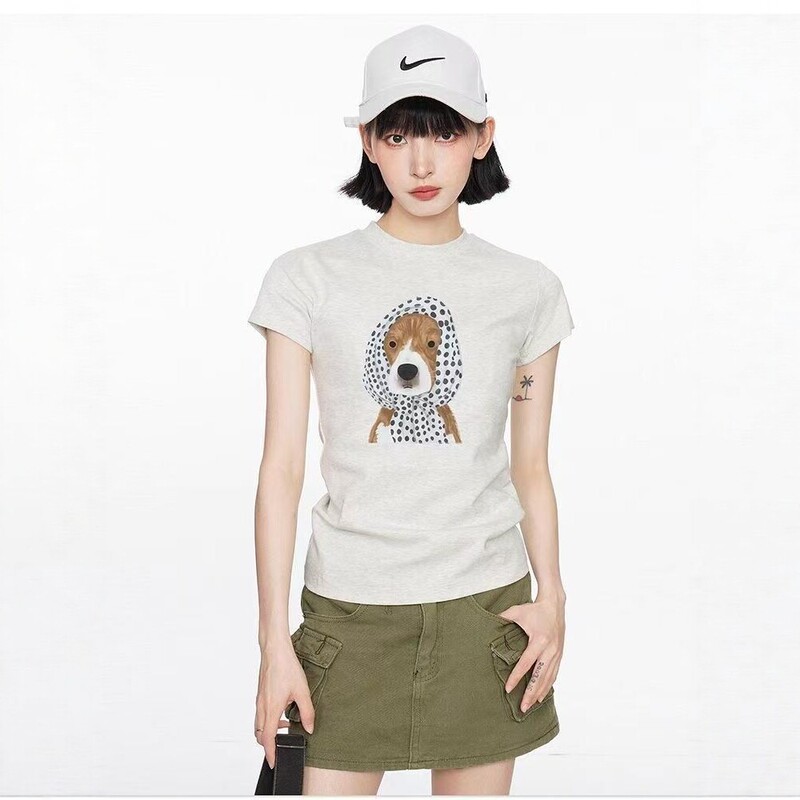 American-style gray puppy cotton t-shirt with shoulder print, summer design 2026, slim-fit women's new niche ins top