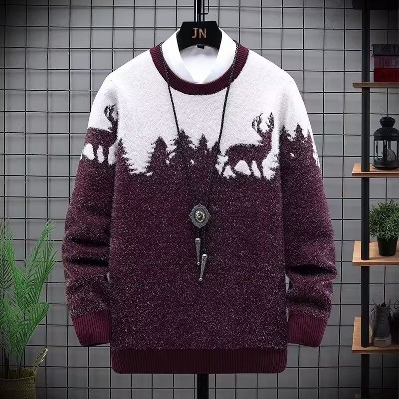 Pull d'hiver épais et oversize pour homme, col rond, coupe ample et tendance, idéal pour adolescents et jeunes adultes. Disponible en noir, marine et bordeaux._voghion.com