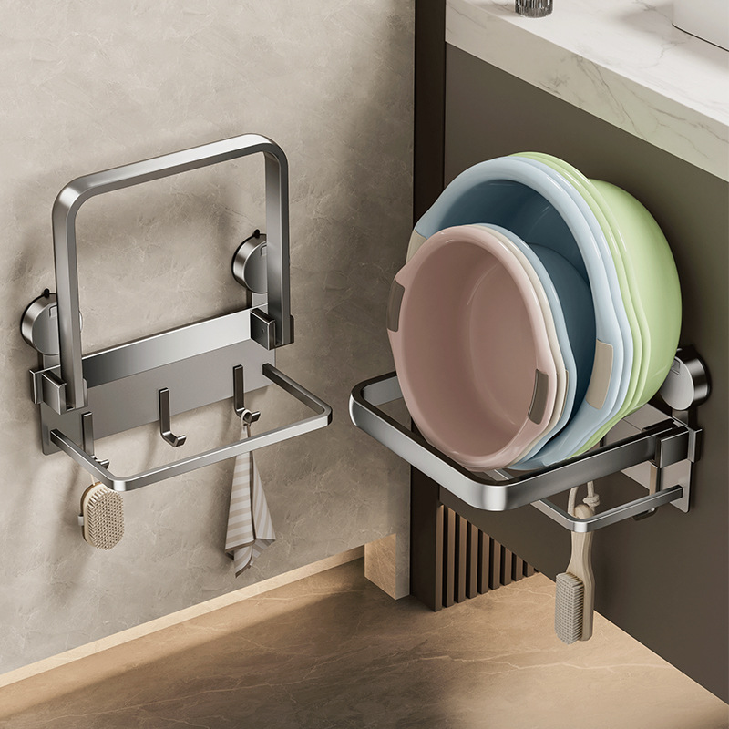 Suction cup type folding washbasin storage rack without punching…