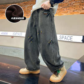 男童冬季加绒牛仔裤2025新款中大儿童运动休闲加厚保暖个性长裤子