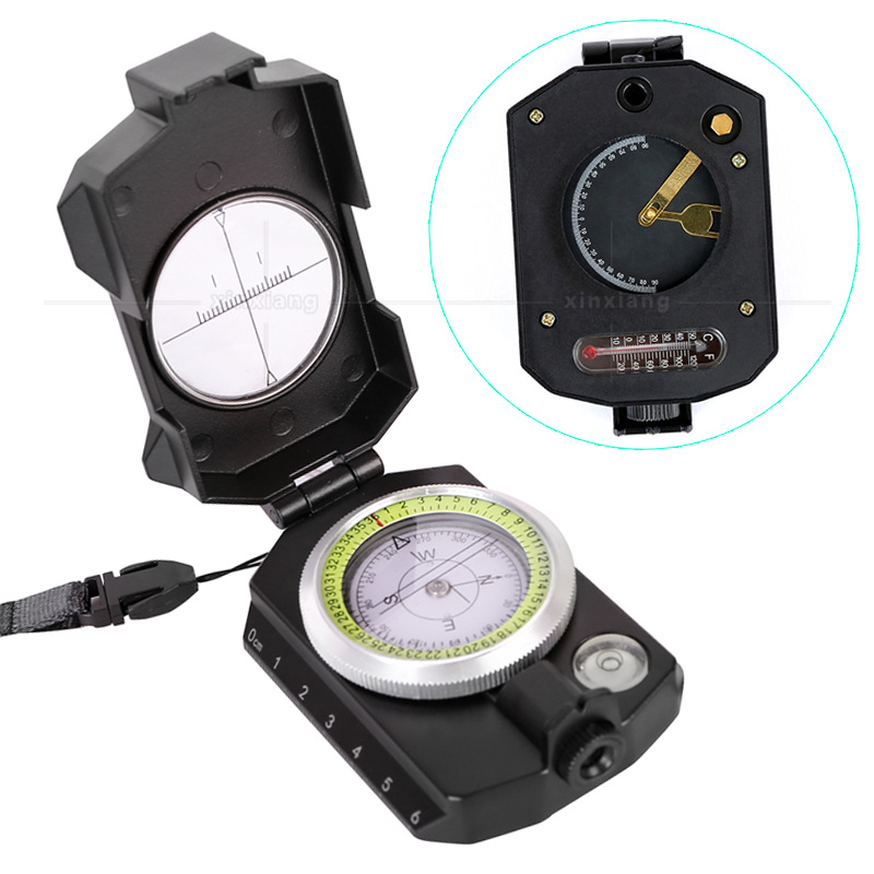 美式军绿金属指南针锌合金带测坡度放大镜多功能防水温度计带夜光