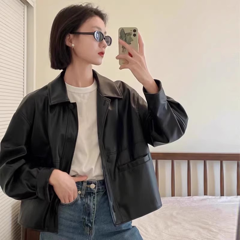 Short Pu Leather Jacket for Women, Petite Size, 2026 New Style, Street Style, Motorcycle Style, Hong Kong Style, American Design, Turn-Down Collar Jacket