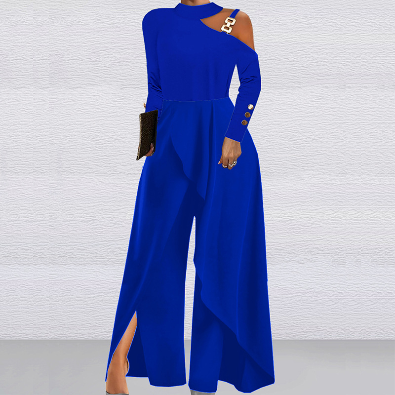ON01404 en stock transfronterizo 2023 nuevo color sólido manga larga fuera del hombro elegante Fiesta de las mujeres mono de pierna ancha