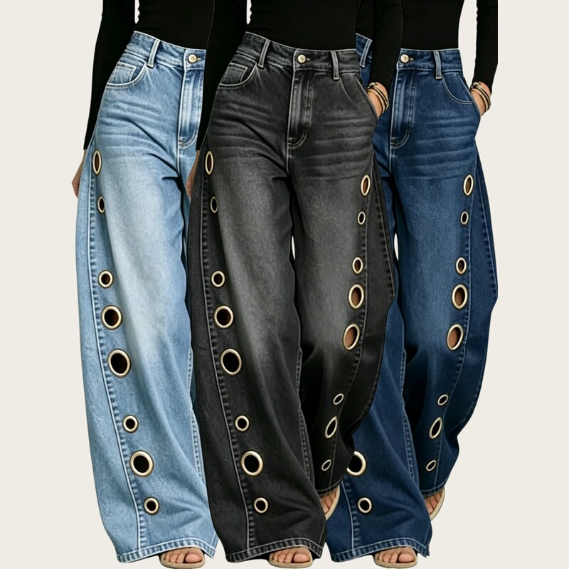 2026 Cross-Border European and American Amazon Hot-Selling Independent Site Wide-Leg Women's Unique Jean Large Eyelet Pattern Jeans 2026 Cross-Border European and American Amazon Hot-Selling Independent Site Wide-Leg Women's Unique Jean Large Eyelet Pattern Jeans