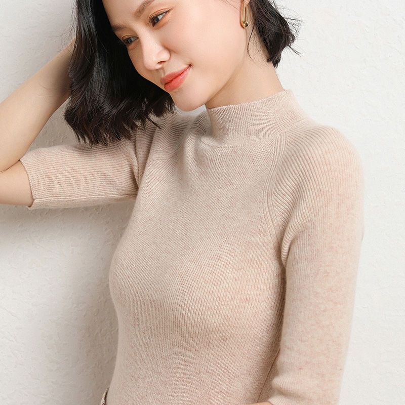 Western-Style Suit with Three-Quarter Sleeves, Slim-Fitting Half-High Collar Knitted Sweater, Bottoming Shirt for Women, Tight-Fitting Mid-Sleeve Pure Color Pullover