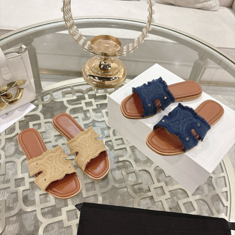 鼎版！女性がデニムブルーのフレンチスリッパを着用できるトライアンフアーチのフラットスリッパ、レトロなスタイル|undefined