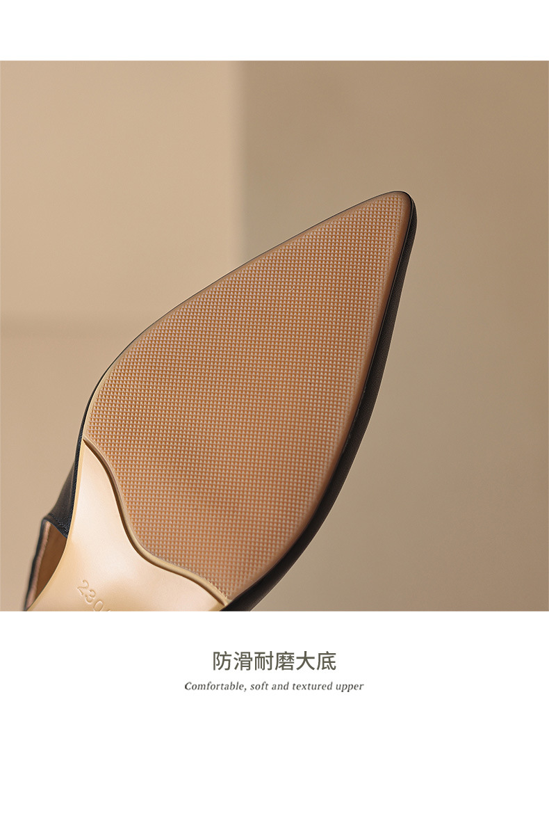 Giày sandal cao gót nữ mũi nhọn kiểu Pháp, da bò thật, gót mèo, hở mũi hở lưng — đen chi tiết 18