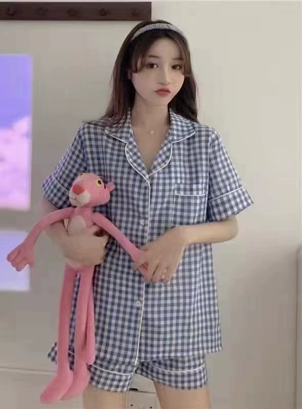 Летняя пижама женская Dongdamen короткий рукав, клетчатая, лёгкая, размеры M–XXL