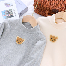 25新款儿童打底衫男女童中领长袖T恤儿童纯色小熊春秋棉上衣代发