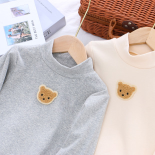 25 New Children's Base Shirt for Boys and Girls Middle Collar Long Sleeve T-shirt for Children Solid Color Bear Spring and Autumn Cotton Top for Hair