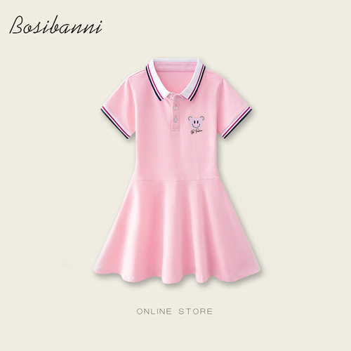 New Girls' Dress 2024 Summer College Style Children's Skirt for Older Children Polo Summer Stylish Princess Dress