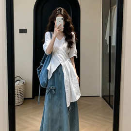 初夏穿搭一整套胖mm韩系不规则白色上衣牛仔半身裙好看套装女