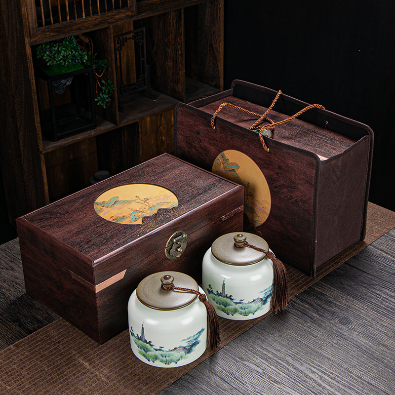 高檔茶葉包裝盒空禮盒陶瓷茶葉罐密封罐木盒包裝龍井綠茶白茶半斤