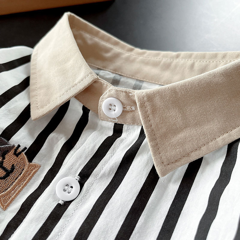 Camisas para niños ropa de otoño para niños 2025 nueva camisa de bordado de dibujos animados a rayas de solapa ropa para niños chaqueta coreana top