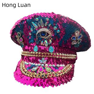 Colorful Rhinestone Sequins European and American Export Rivets Steampunk Style Holiday Party Dance Performance Trendyy Navy Hat