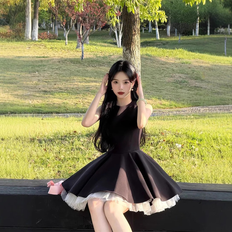 Summer French Mesh Black Sleeveless Vest Dress for Women 2025 New Hepburn Style Waist Princess Dress Short Skirt