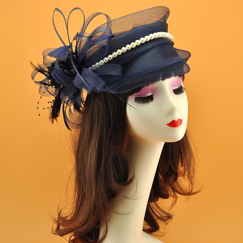 Amazon popular tocado de malla de Europa y América arco Festival de Carreras de Caballos sombrero de copa de novia tocado Flor de plumas tocado accesorios para el cabello