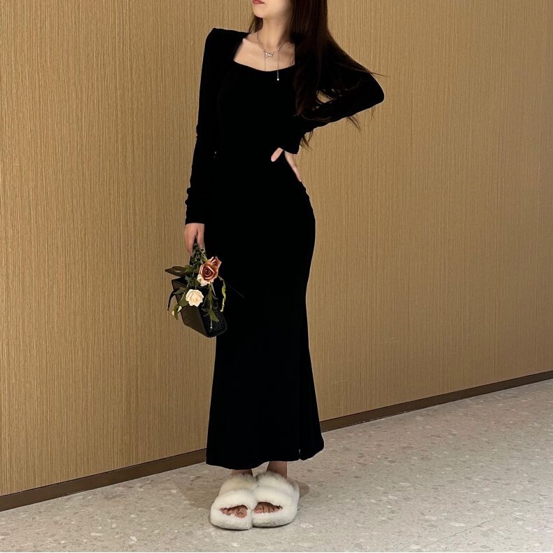 Hepburn Style High-End Black Long-Sleeved Dress for Women in Early Spring Slim Fishtail Hip-Covering Formal Occasion Elegant Skirt