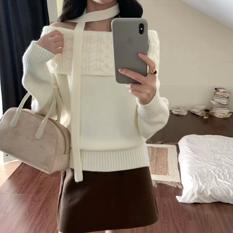 一字肩长袖毛衣针织衫女秋冬新款跨境韩系软糯露肩纯欲套头毛衣女