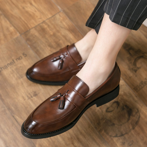 Loafers trendy British style Su slip-on leather shoes Korean casual small size business leather shoes men's wedding shoes