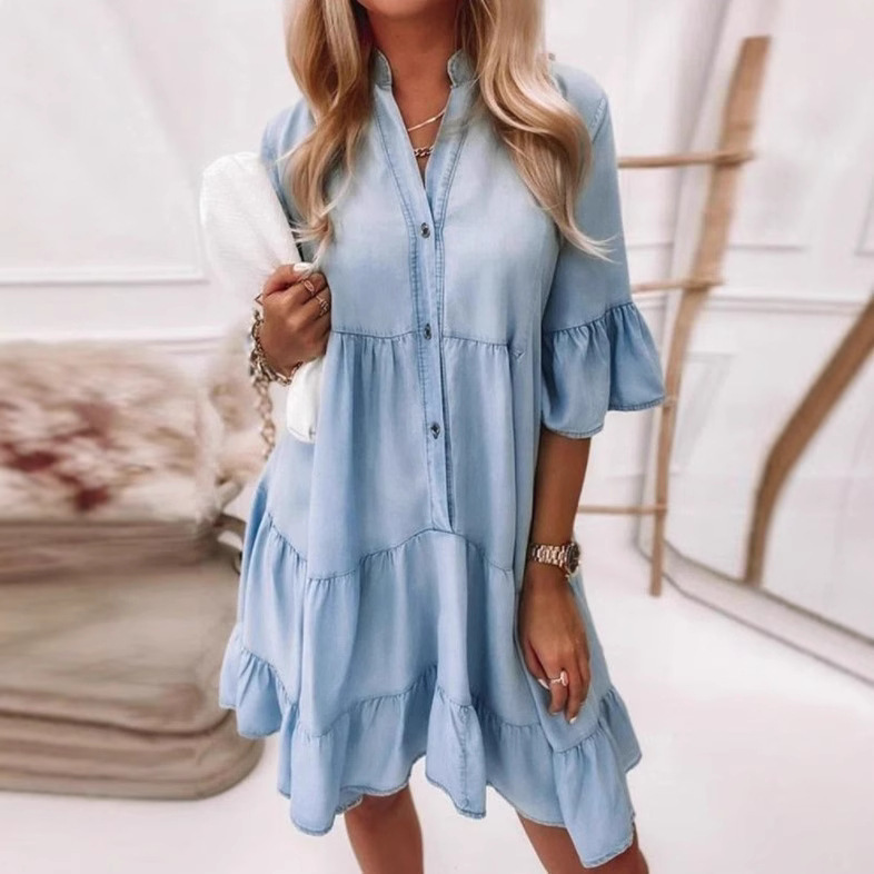 2025 Independent Station European and American New Pure Color Washed Cotton Five-Quarter Sleeve A-Line Mid-Length Denim Dress Long Skirt Q01