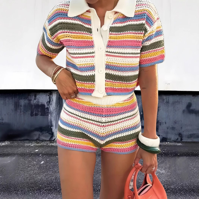 Vin Qi Cute Knitted suit Women's 2024 Winter New Color Striped Polo Shirt Sweater Casual Knitted Shorts Vin Qi Cute Knitted suit Women's 2024 Winter New Color Striped Polo Shirt Sweater Casual Knitted Shorts