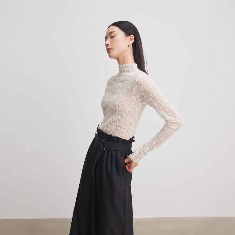 Annata White Half Turtleneck Lace Mesh Knitted Bottoming Shirt for Women Autum 2025 New Slim Fit Inner Wear Autum and Winter