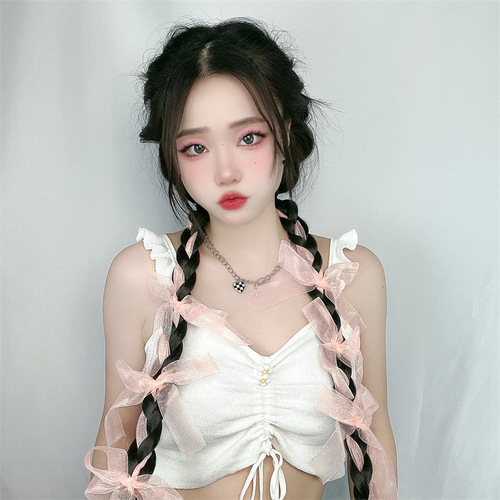 Female Hair Extension Braids with Satin Ribbons and Bow - Factory New Hot Hair Mechanism Double Ponytail - Dropshipping One Piece