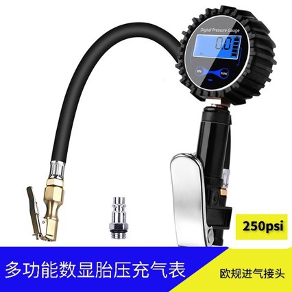 Digital tire pressure inflator gauge suitable for motorcycles, aluminum alloy air hose clamp-type tire pump pressure gauge