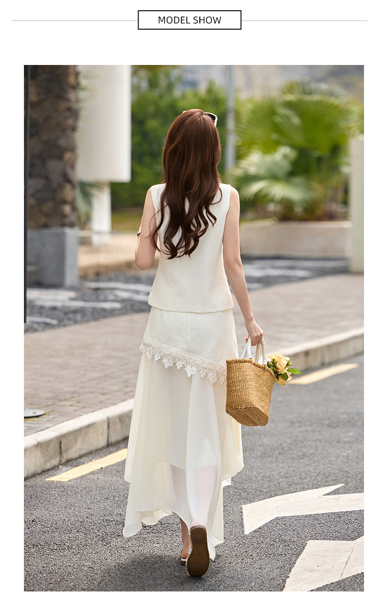 Bộ áo gile không tay và chân váy nữ cao cấp 2026 thiết kế thanh lịch tôn dáng hai mảnh YH6127 — Sữa hạnh nhân, màu trắng ngà chi tiết 11