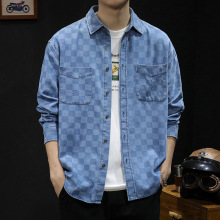 休闲牛仔格子衬衫男长袖春秋季2024新款大码男士衬衣外套潮牌衣服