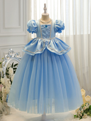 2025 Girl Blue Dream Princess Dress Pufle Eleve Skir