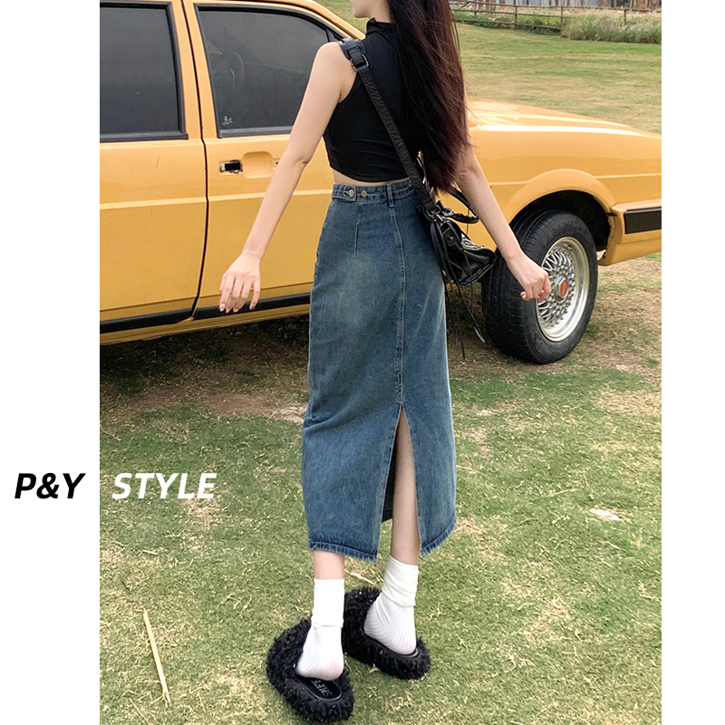 2025 New Spring and Summer High Waist Split Denim Skirt Women's Small A- Line Skirt Retro Sheath Long Skirt