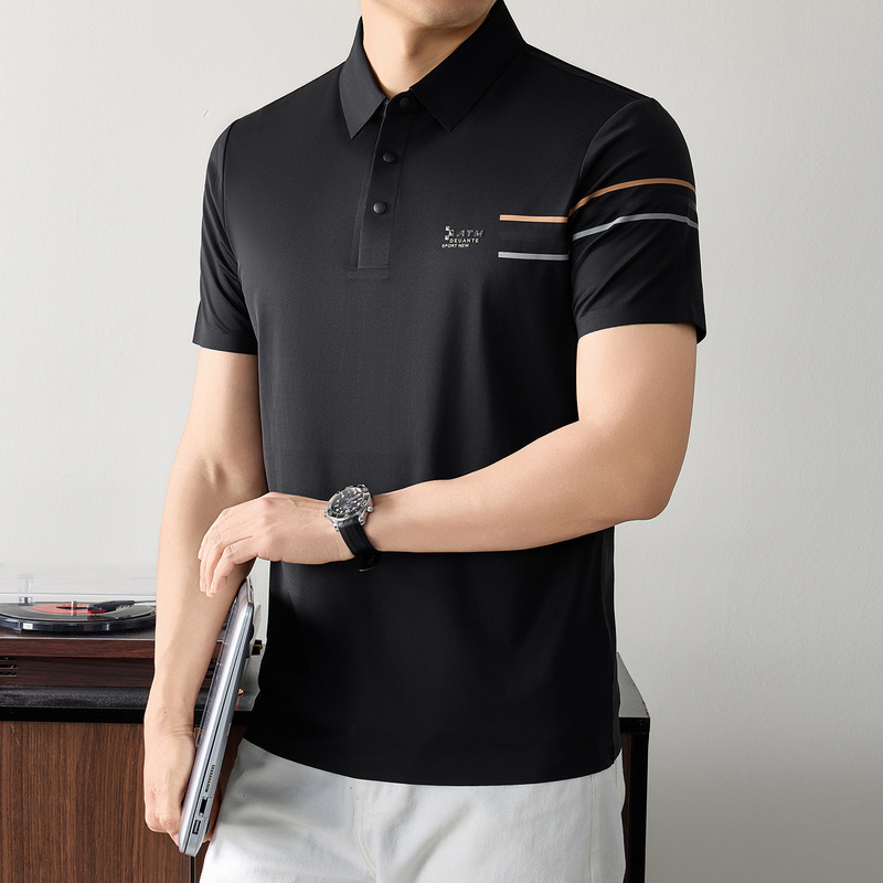 Summer Men's Silk Polo Shirt with a Turn-Down Collar, Fashionable Casual Business Style for Middle-Aged Men