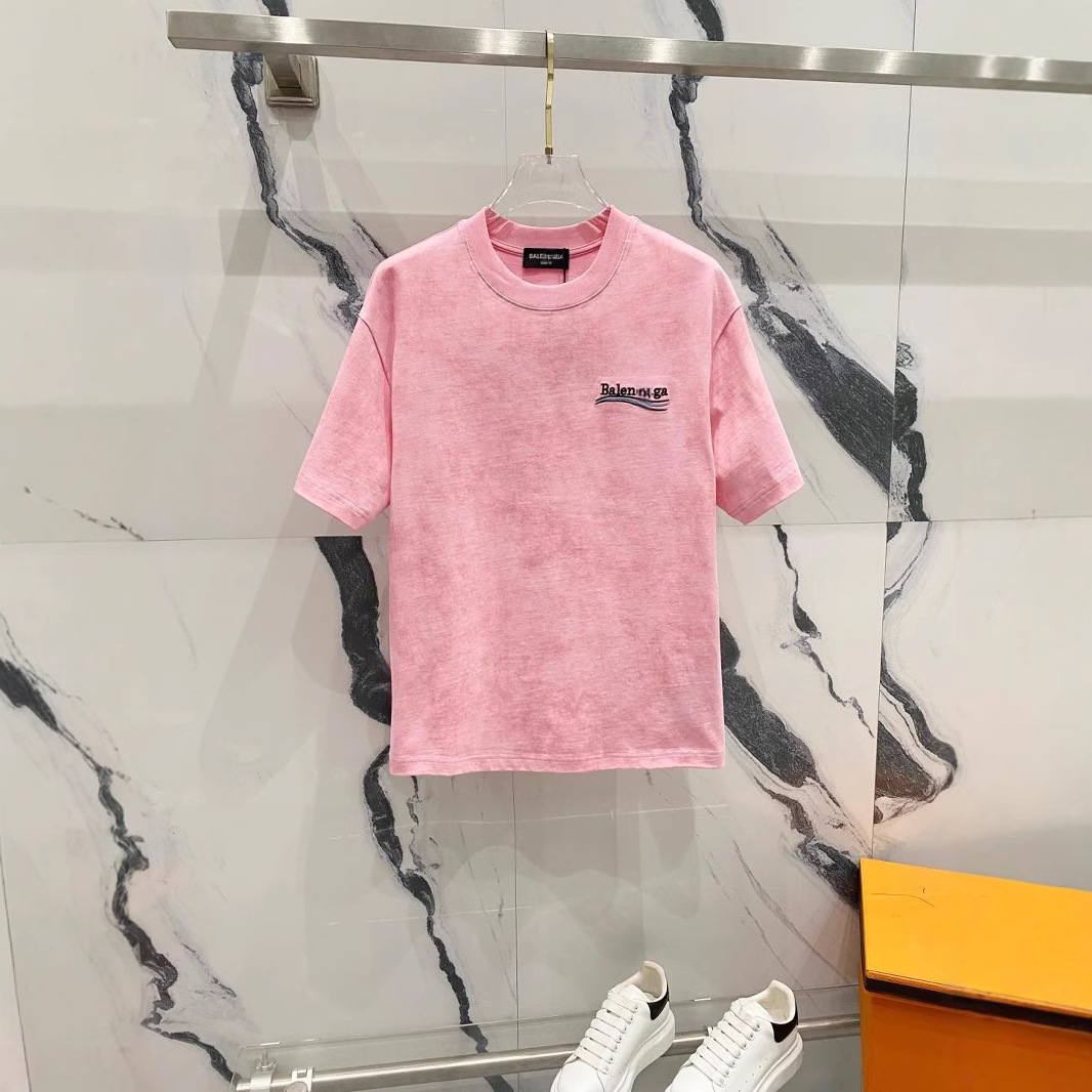 Paris B 2025 Spring and Summer New Front and Rear Wave Coke Letter Embroidered Crewneck Short-sleeved T-shirt for Men and Women