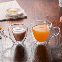 創意雙層隔熱高硼硅玻璃心形杯帶把情侶杯咖啡杯奶茶飲料果汁水杯