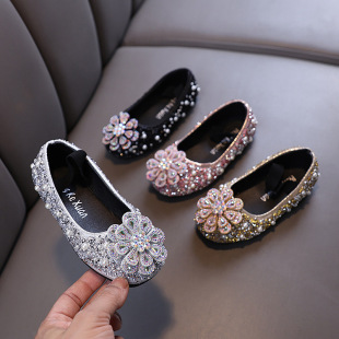 2025 Autumn New Lady Baby Girls Girls Princess Diamond Shoes Leather Shoes Dance Performance Shoes