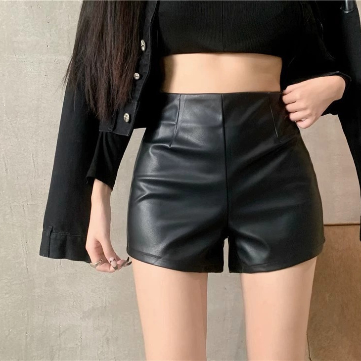 Petite Pu Leather Pants for Women, Trendy Base Shorts for Autumn and Winter, New Black High-Waisted A-Line Tight Boot Shorts for Outerwear