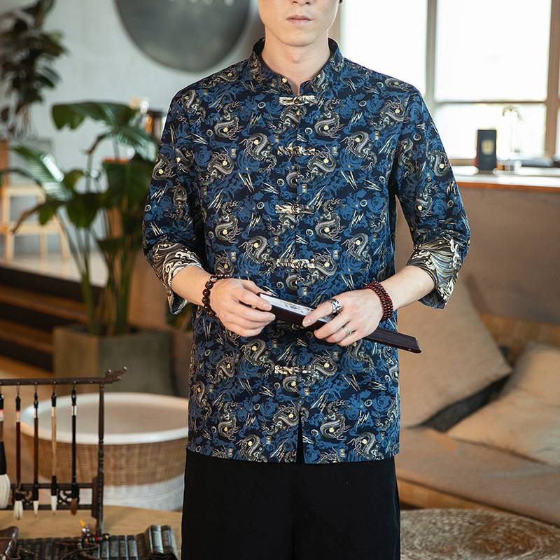 2024 Summer New Xiaolong Half Sleeve Chinese Style Men's Cotton and Linen Half Sleeve Shirt Large Size Trendy Button Up Shirt