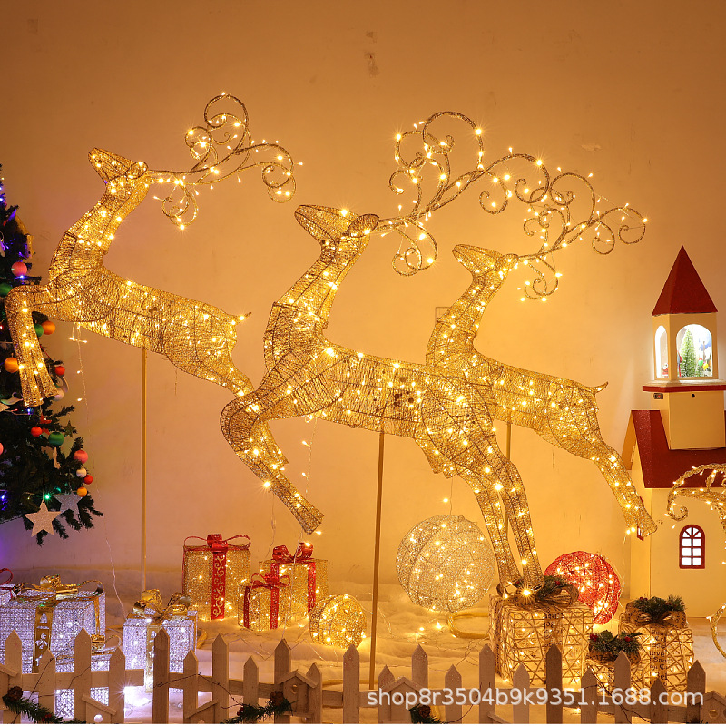 Navidad hierro ciervos carro Navidad interior escena diseño vuelo ciervos Santa Claus luminoso ambiente de vacaciones al por mayor