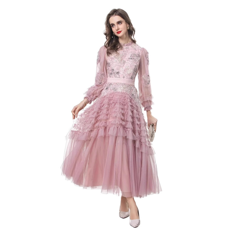 Heavy Embroidery Floral High-Waisted Waist-Cinching Mesh Ruffle Long Gown Dress 2025 New Model