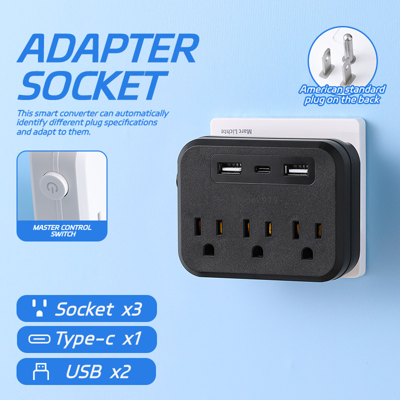 Suministro transfronterizo estándar 110V conector de convertidor USB + tipo-c conector de carga rápida extensión de conector negro