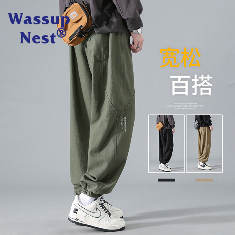 WASSUP NEST ankle-tied overalls men's new pants spring and autumn loose casual sweatpants pure cotton boys