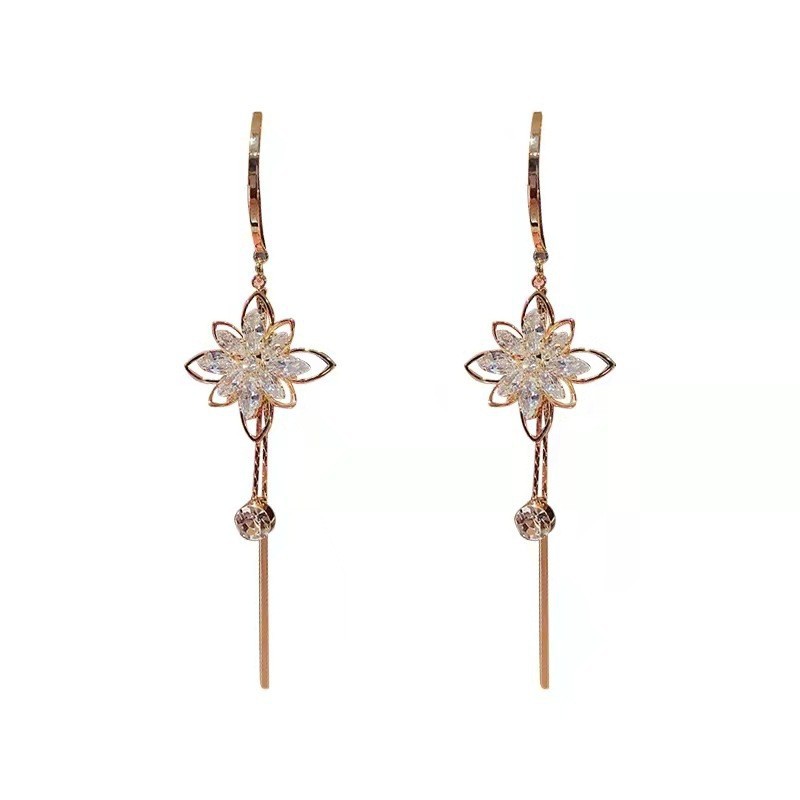 Pendientes largos con borlas y flores de circonita de estilo minimalista coreano y japonés para mujer, pendientes de lujo ligero y versátiles que estilizan el rostro, venta al por mayor.