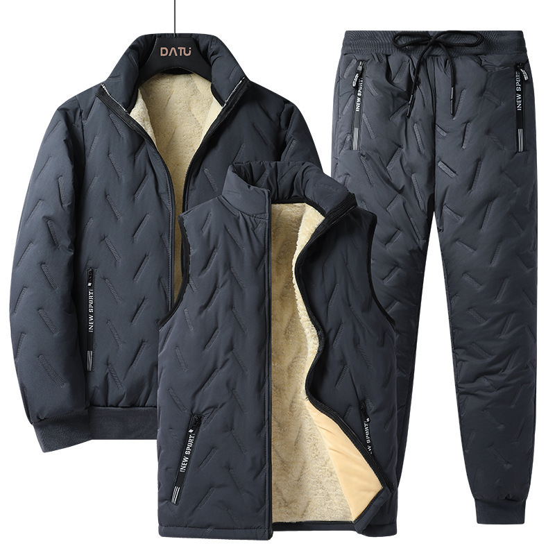 Transfronterizo de terciopelo y calentamiento de tres piezas de invierno de algodón de cordero grueso abrigo a prueba de viento y frío pantalones casuales