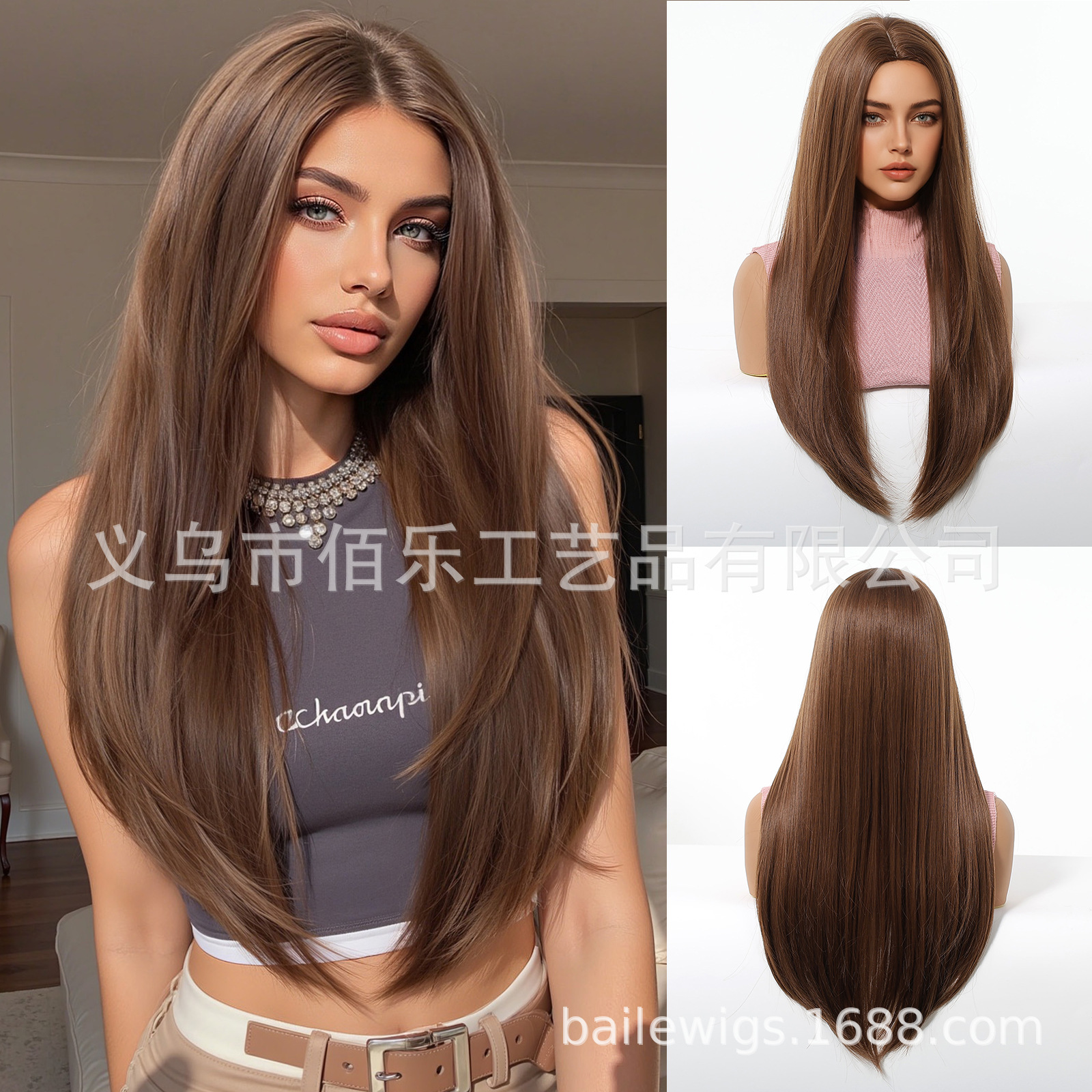 Peluca negra transfronteriza con raya al medio, cabello largo y liso, cobertura completa, suave y natural, red de rosas, pelucas en stock listas para envío del fabricante. image 11
