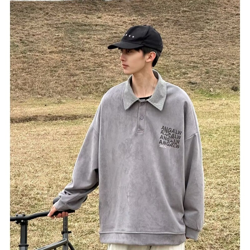 Polo Shirt Men's Trendy Brand Ins Niche High Street Versatile Lapel Sweatshirt Spring and Autum Loose Oversize Long-Sleeved T-Shirt