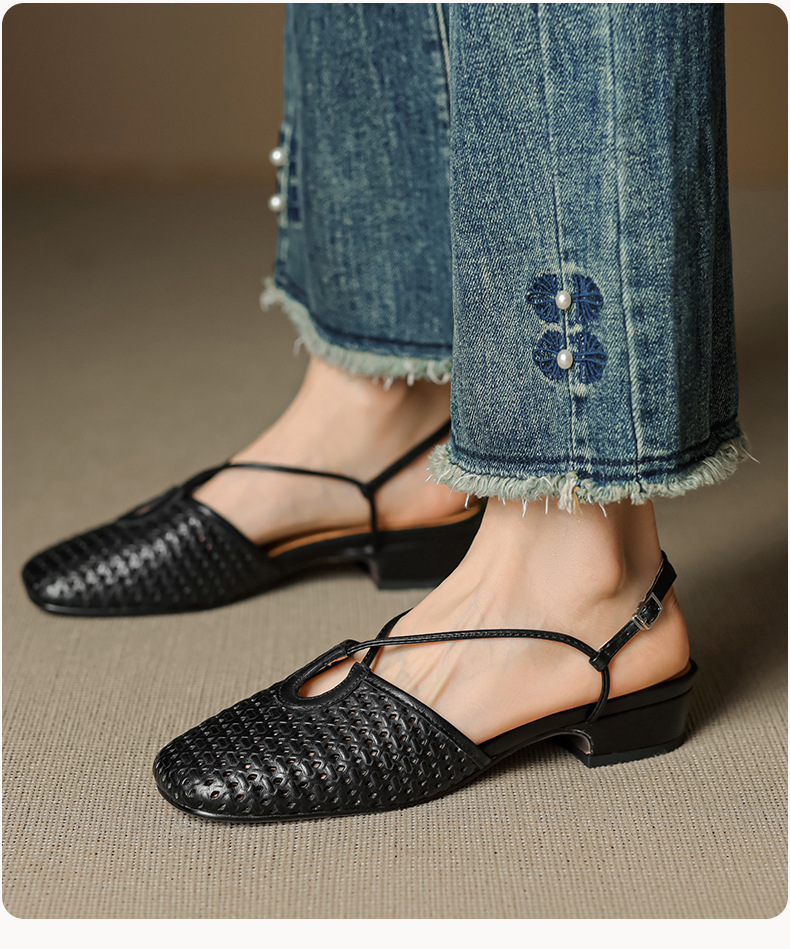 Sandal nữ Mary Jane quai chéo hở gót, gót thô 3 cm, mũi tròn bít — đen chi tiết 17